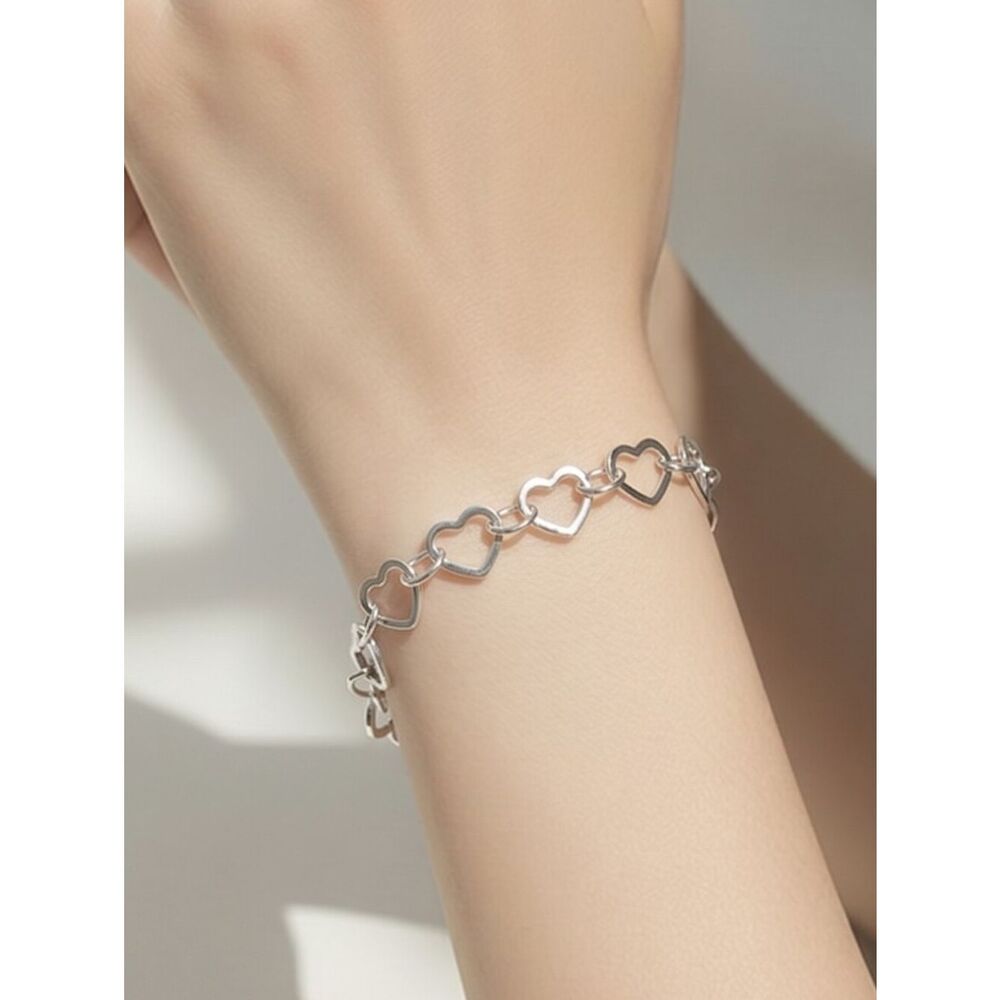 Silver Hollow Heart Link Bracelet 💕 Stainless Steel Dainty Chain 7.5" Coquette